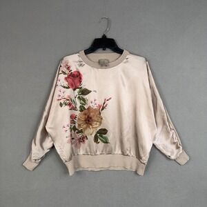 Sioni Sweater Womens XL Beige Floral Satin Front Dolman Sleeve Knit Pullover
